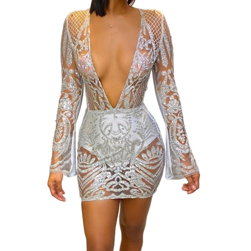 Sexy Deep V Neck Hollow Out Silver Sequin Dress